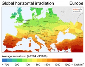 Average solar radiation map of Europe